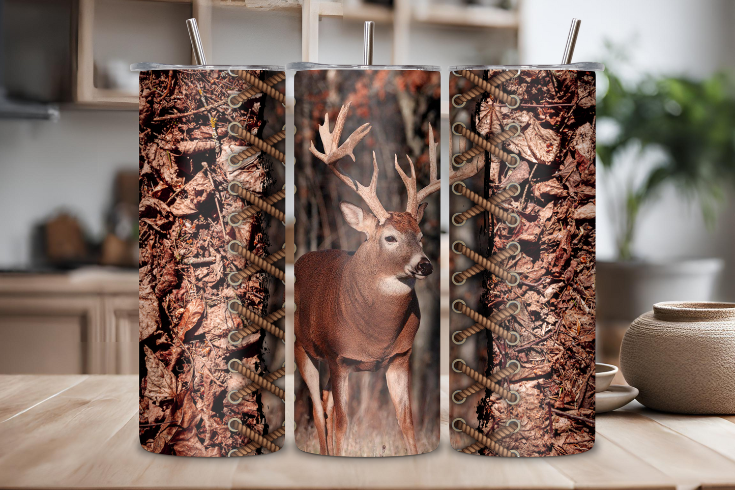 Rustic Camouflage Deer Buck Tumbler, Deer Hunter Outdoor Camping Vacuum Insulated Tumbler 20OZ/30OZ, Gift for Him, Dad Father Gift