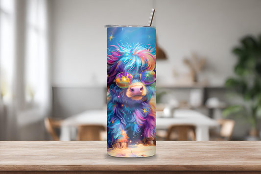 Cosmic Rainbow Highland Cow Tumbler, Retro Feeling Cow Travel Cup, Cute Baby Cow Coffee Cup, 20OZ Tumbler, 30OZ Tumbler