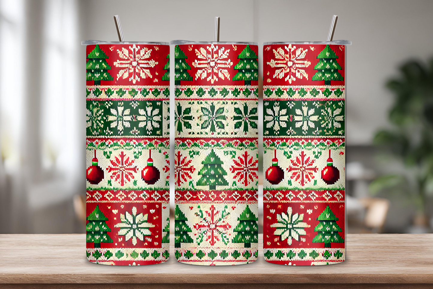 Festive Christmas sweater pattern on a tumbler with snowflakes, Christmas trees, and red ornaments, perfect for holiday season drinks