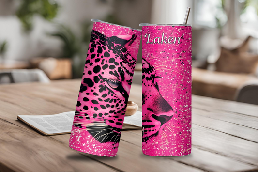 Personalized Pink Leopard Tumbler, Custom Leopard Mug Cup, Jungle Prowler, Big Pink Cat, Stealthy Predator 20OZ 30OZ Tumbler