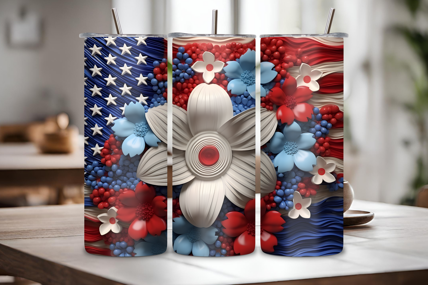 Floral Patriotic Tumbler, 4th of July Travel Mug, Red, White, and Blue Coffee Cup, 20OZ Tumbler, 22OZ Tumbler, 30OZ Tumbler
