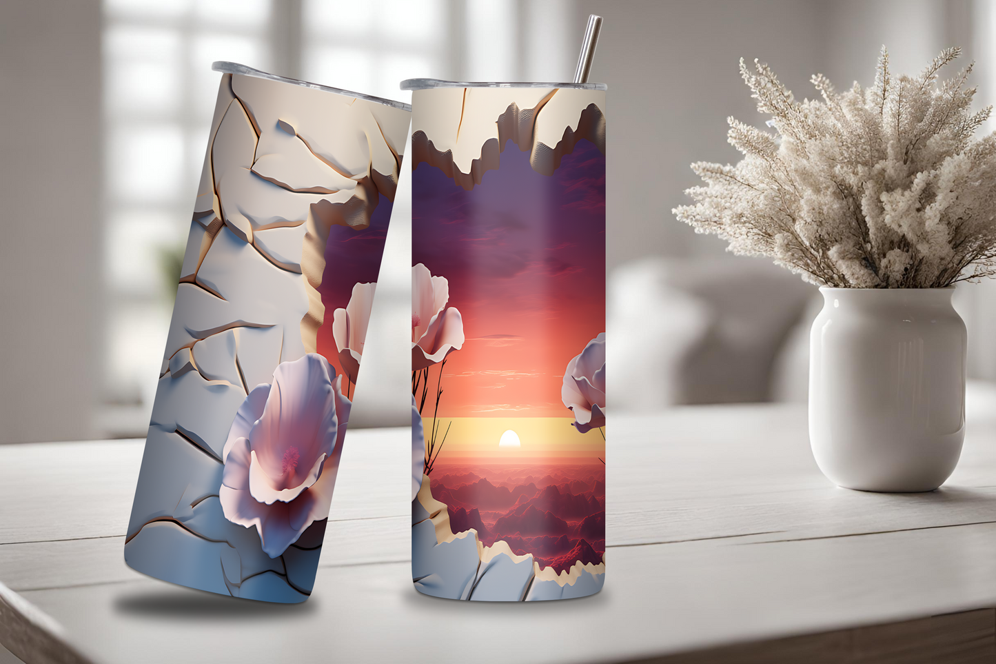 Breakout Flower Tumbler, Mountain Flower Coffe Cup, Breakthrough Bloom Travel Cup, Blooming Horizon Vista, 20OZ, 22OZ, and 30OZ Tumbler