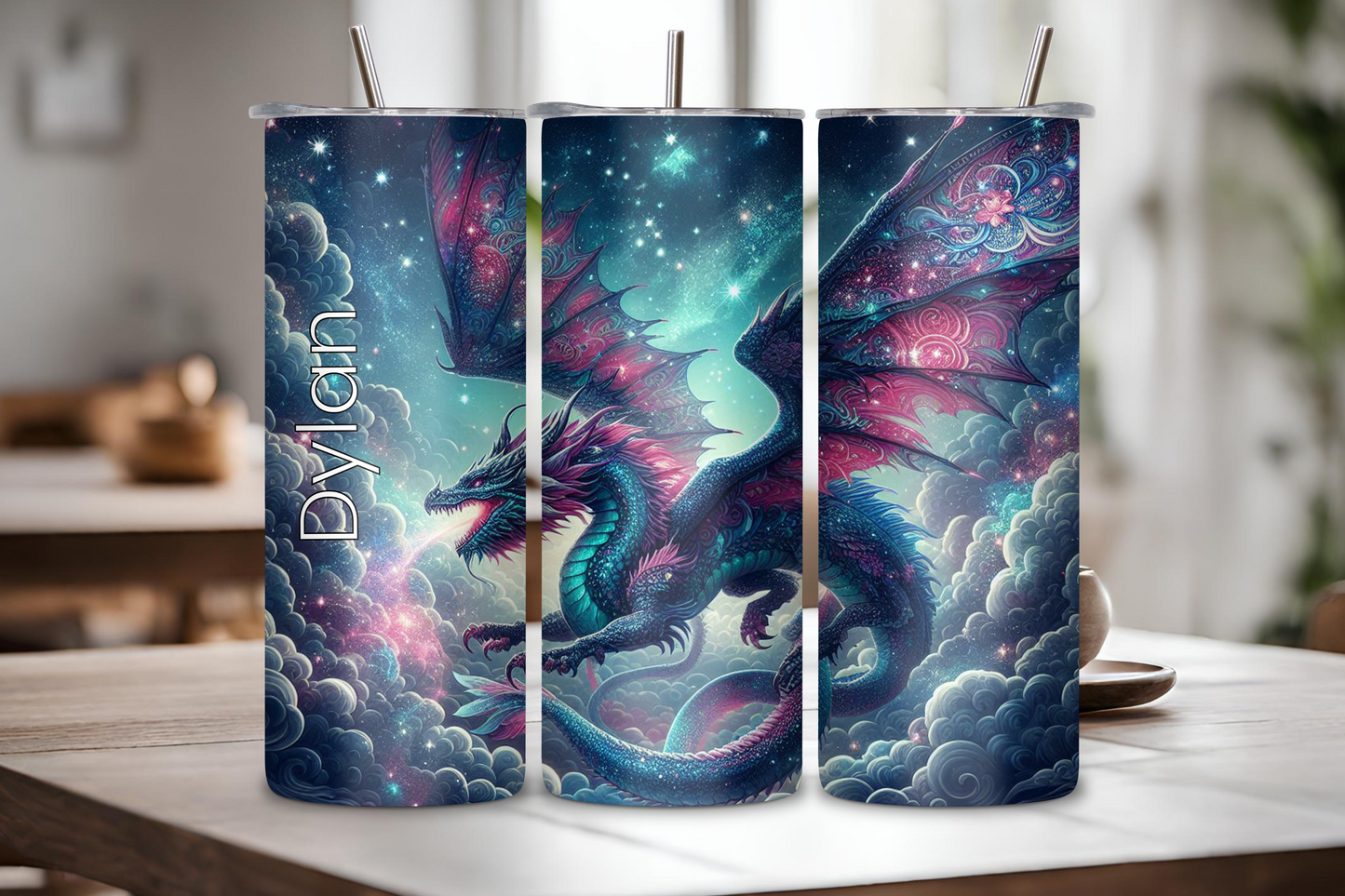 Customizable cosmic dragon tumbler featuring a vibrant celestial dragon with intricate wing details and swirling galaxies, personalized with a name up to 12 characters