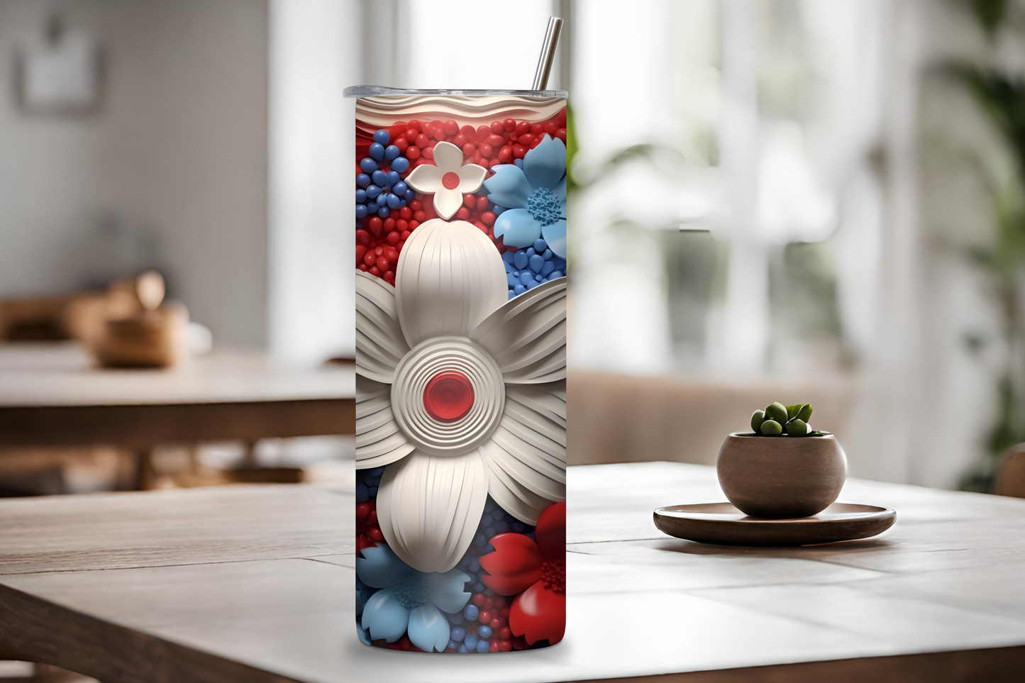 Floral Patriotic Tumbler, 4th of July Travel Mug, Red, White, and Blue Coffee Cup, 20OZ Tumbler, 22OZ Tumbler, 30OZ Tumbler