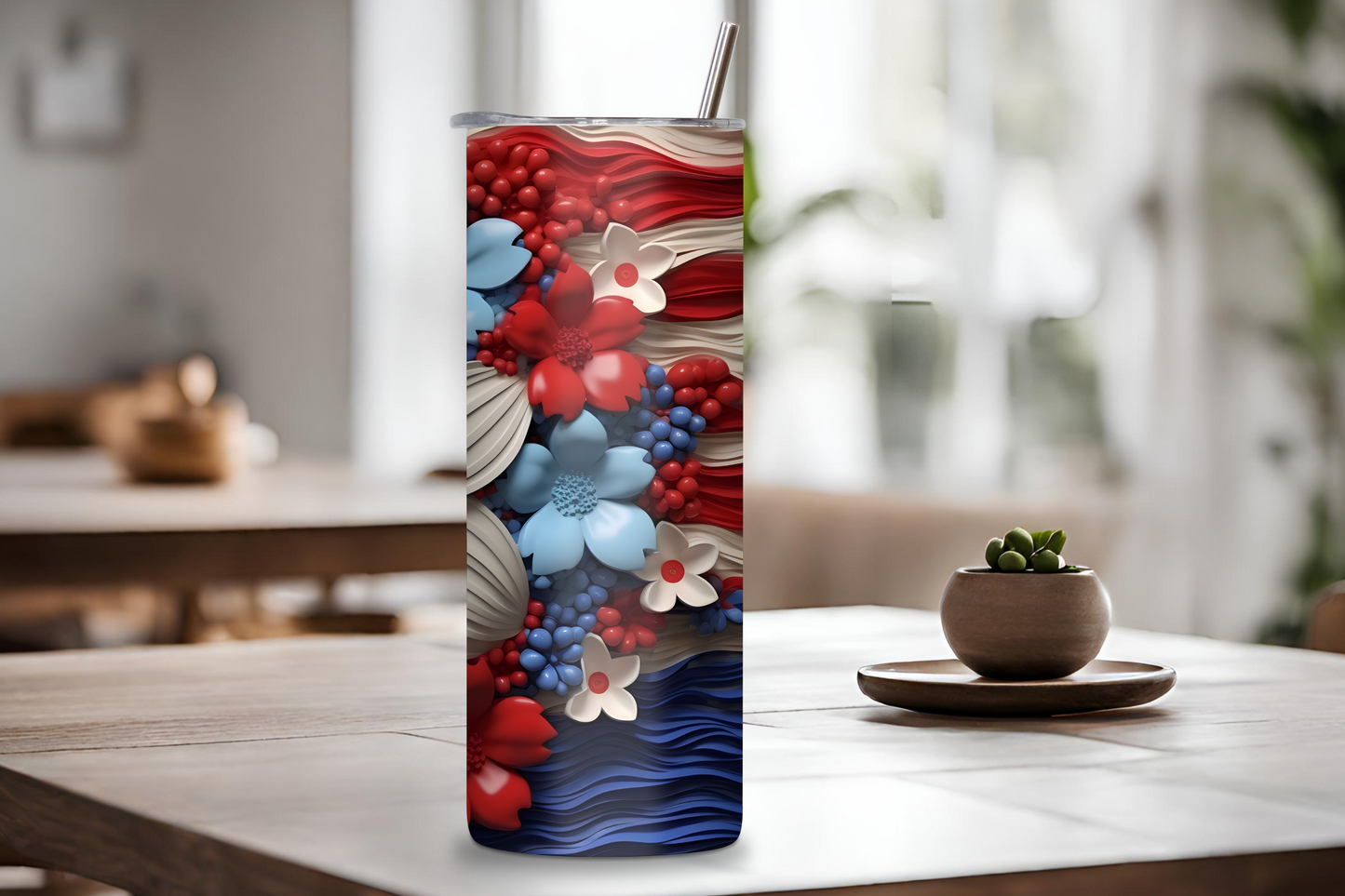 Floral Patriotic Tumbler, 4th of July Travel Mug, Red, White, and Blue Coffee Cup, 20OZ Tumbler, 22OZ Tumbler, 30OZ Tumbler