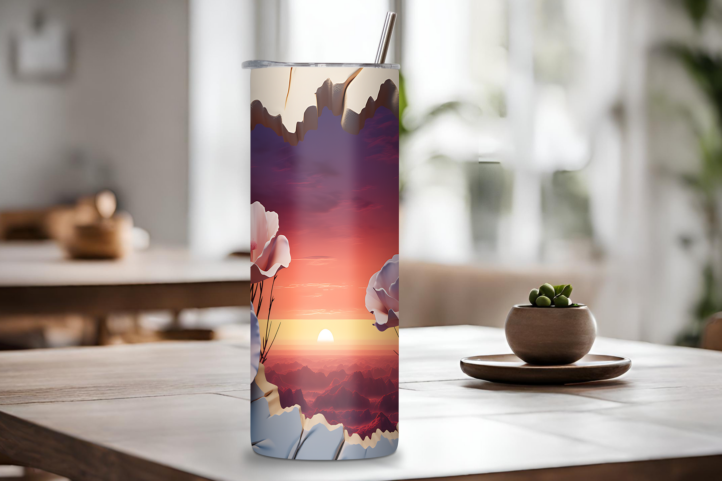 Breakout Flower Tumbler, Mountain Flower Coffe Cup, Breakthrough Bloom Travel Cup, Blooming Horizon Vista, 20OZ, 22OZ, and 30OZ Tumbler