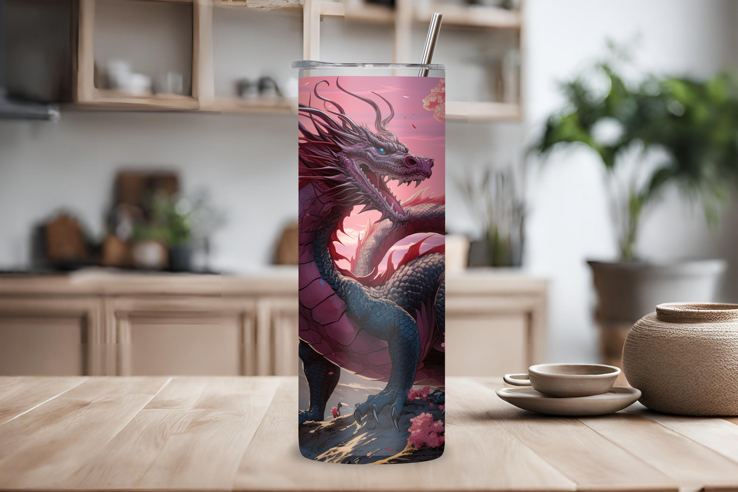 Sakura Dragon Tumbler, Cherry Blossom Dragon Coffee Cup, Fantasy Gift, 20OZ Tumbler, 22OZ Tumbler, 30OZ Tumbler
