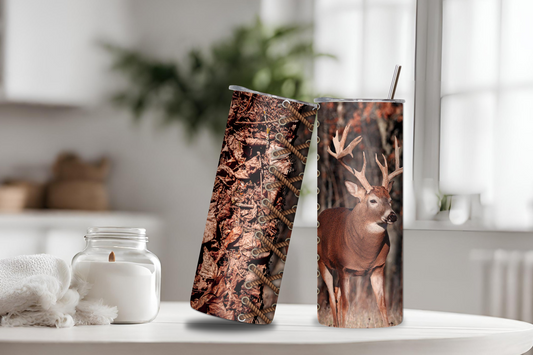 Rustic Camouflage Deer Buck Tumbler, Deer Hunter Outdoor Camping Vacuum Insulated Tumbler 20OZ/30OZ, Gift for Him, Dad Father Gift