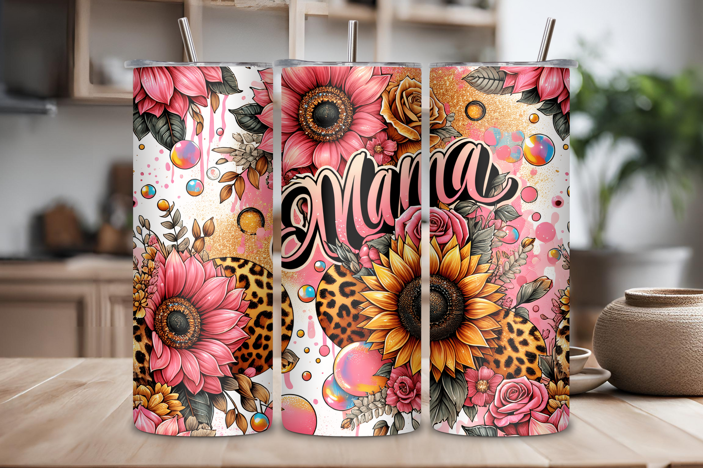 Colorful Mama Floral Tumbler adorned with vibrant sunflowers, roses, and leopard print details, perfect for gifting