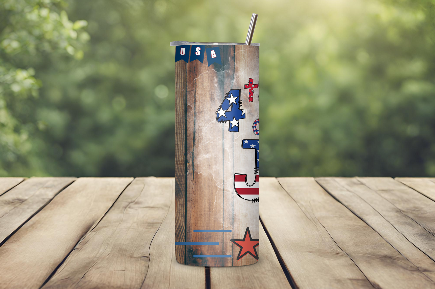 Patriotic Wooden 4th of July USA Tumbler, Flag Travel Cup, Red, White, and Blue Coffee Cup, 20OZ Tumbler, 22OZ Tumbler, 30OZ Tumbler