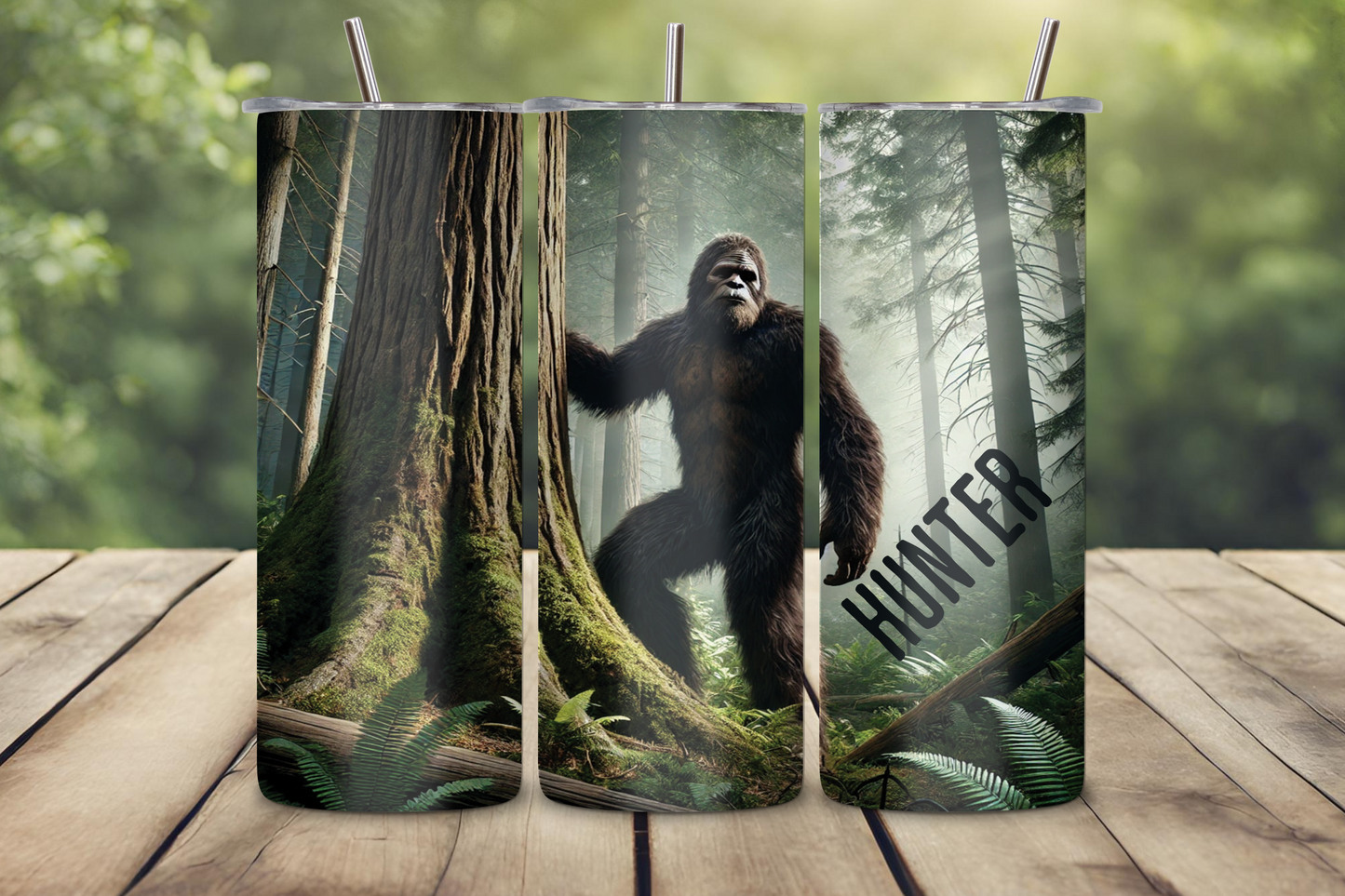 Customizable Sasquatch-themed tumbler featuring Bigfoot in a misty forest, with a custom name option up to 12 characters