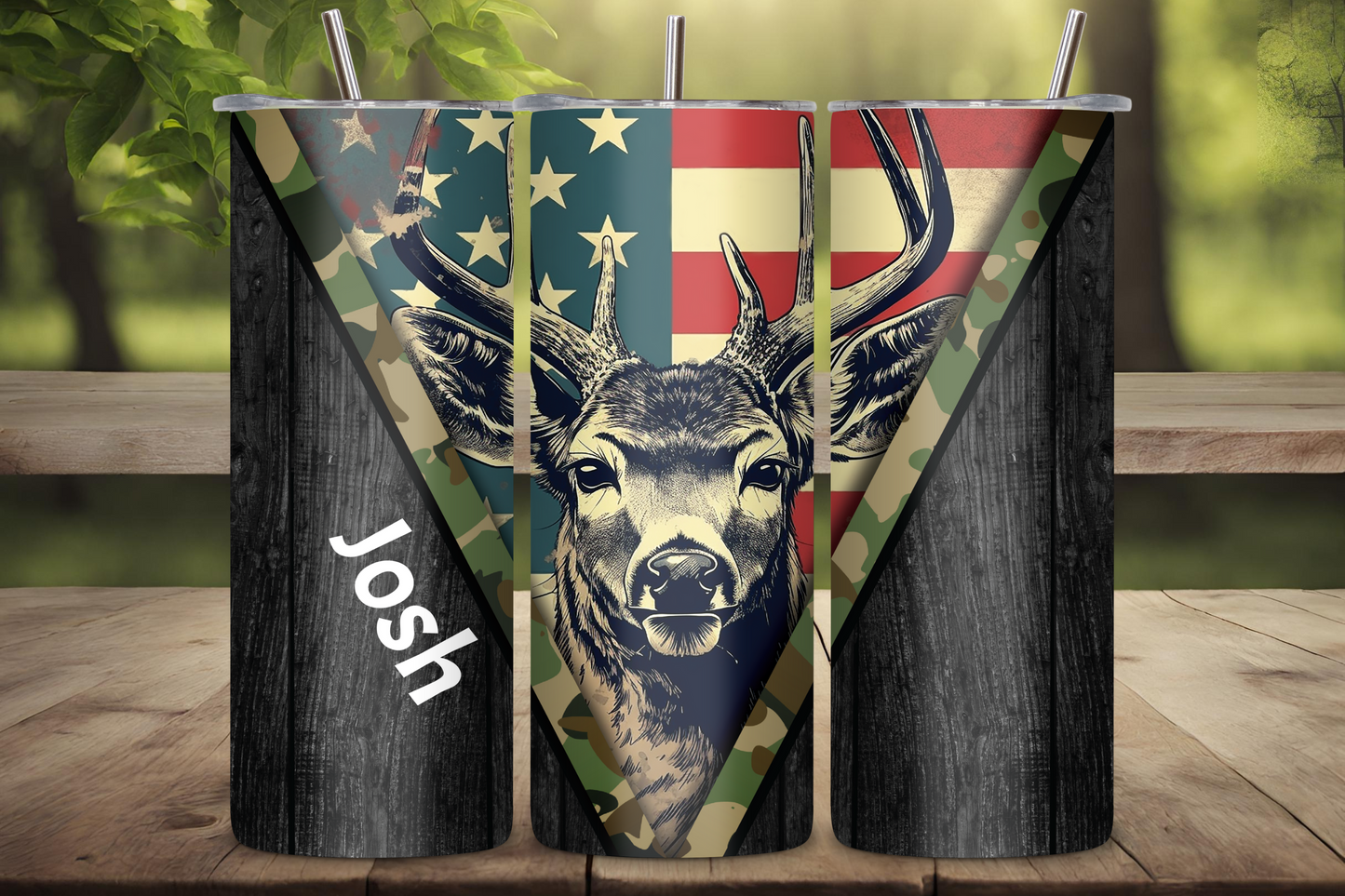 Customizable Deer Tumbler, Personalized Gift for Him, Patriotic Deer Hunter Outdoor Camping USA American Vacuum Insulated Tumbler 20OZ/30OZ