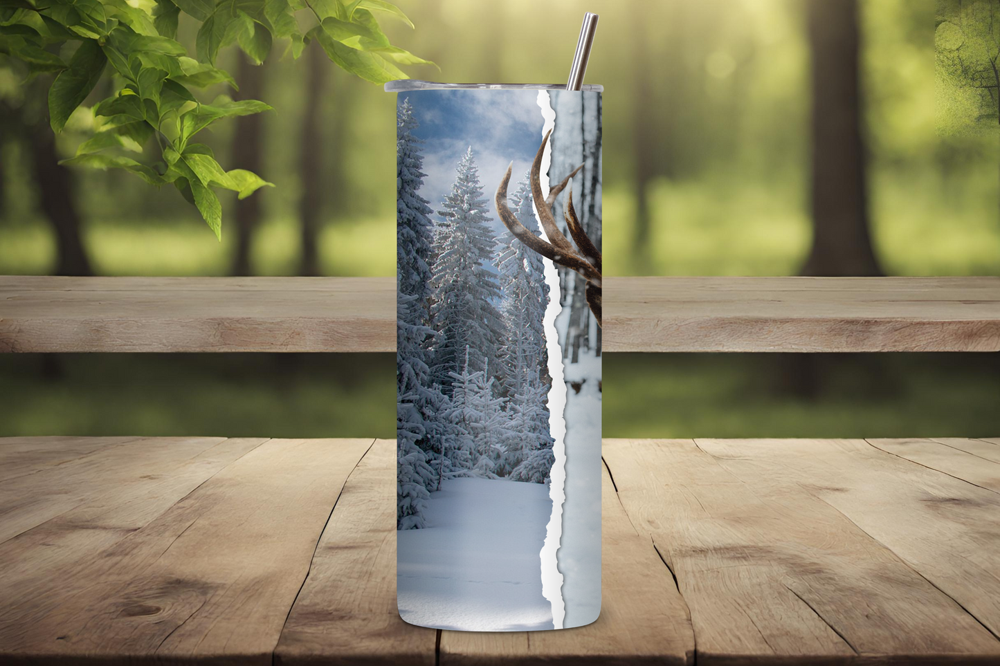 Winter Woodland Buck Deer Tumbler, Deer Hunter Outdoor Camping Travel Mug, Vacuum Insulated Tumbler 20OZ/30OZ, Gift for Him, Dad Father gift