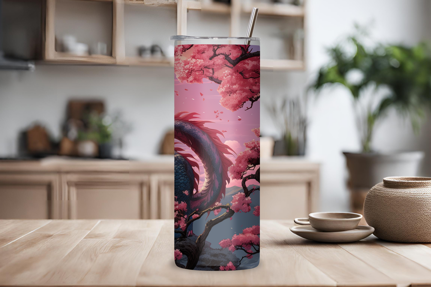 Sakura Dragon Tumbler, Cherry Blossom Dragon Coffee Cup, Fantasy Gift, 20OZ Tumbler, 22OZ Tumbler, 30OZ Tumbler