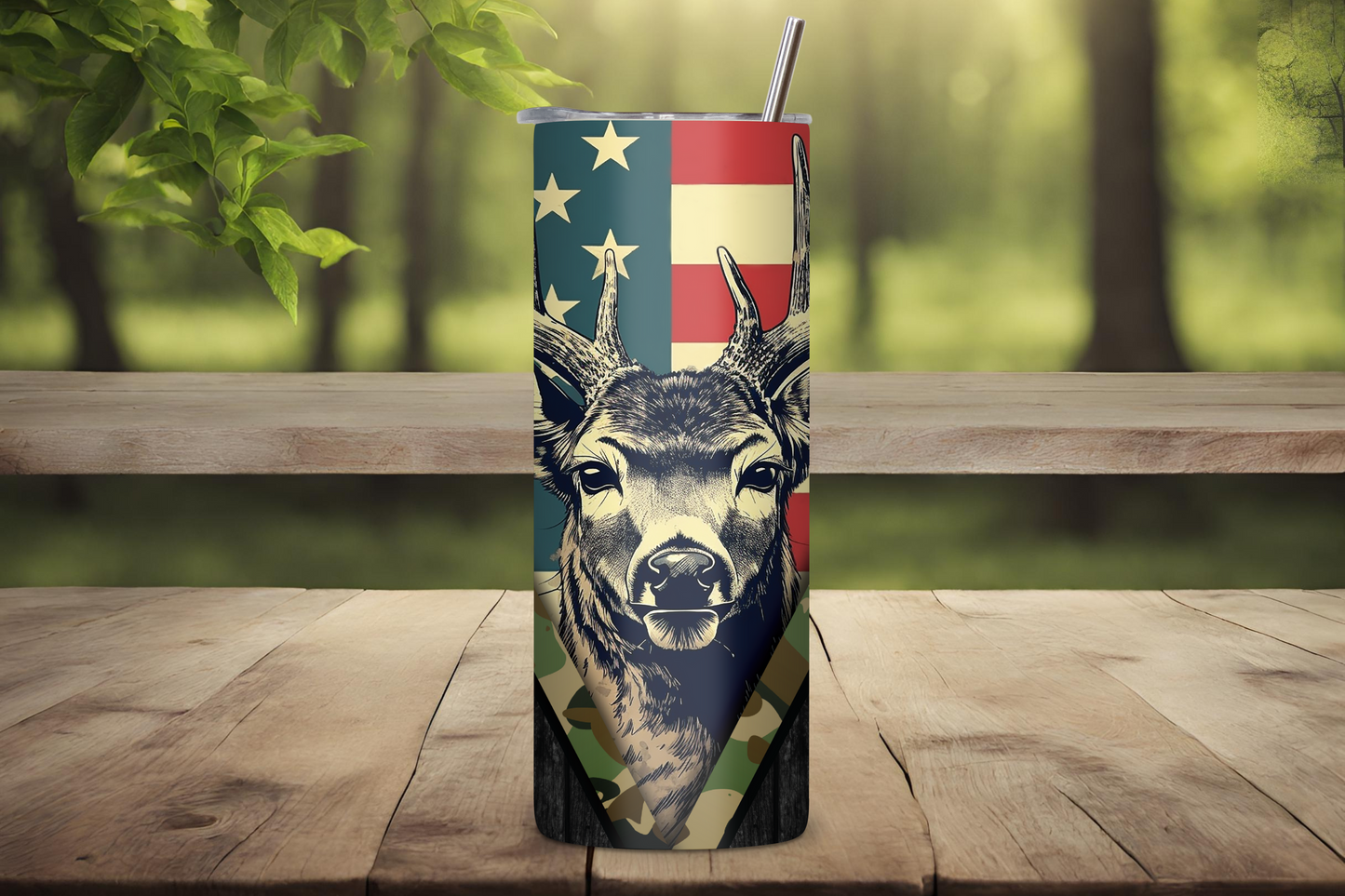 Customizable Deer Tumbler, Personalized Gift for Him, Patriotic Deer Hunter Outdoor Camping USA American Vacuum Insulated Tumbler 20OZ/30OZ