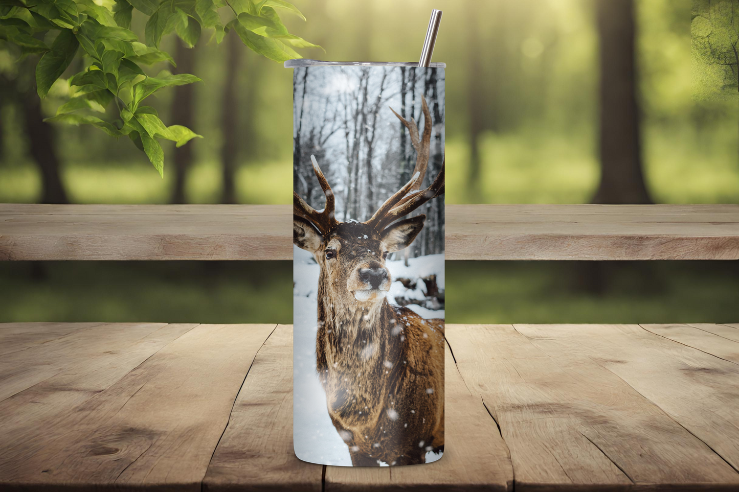 Winter Woodland Buck Deer Tumbler, Deer Hunter Outdoor Camping Travel Mug, Vacuum Insulated Tumbler 20OZ/30OZ, Gift for Him, Dad Father gift