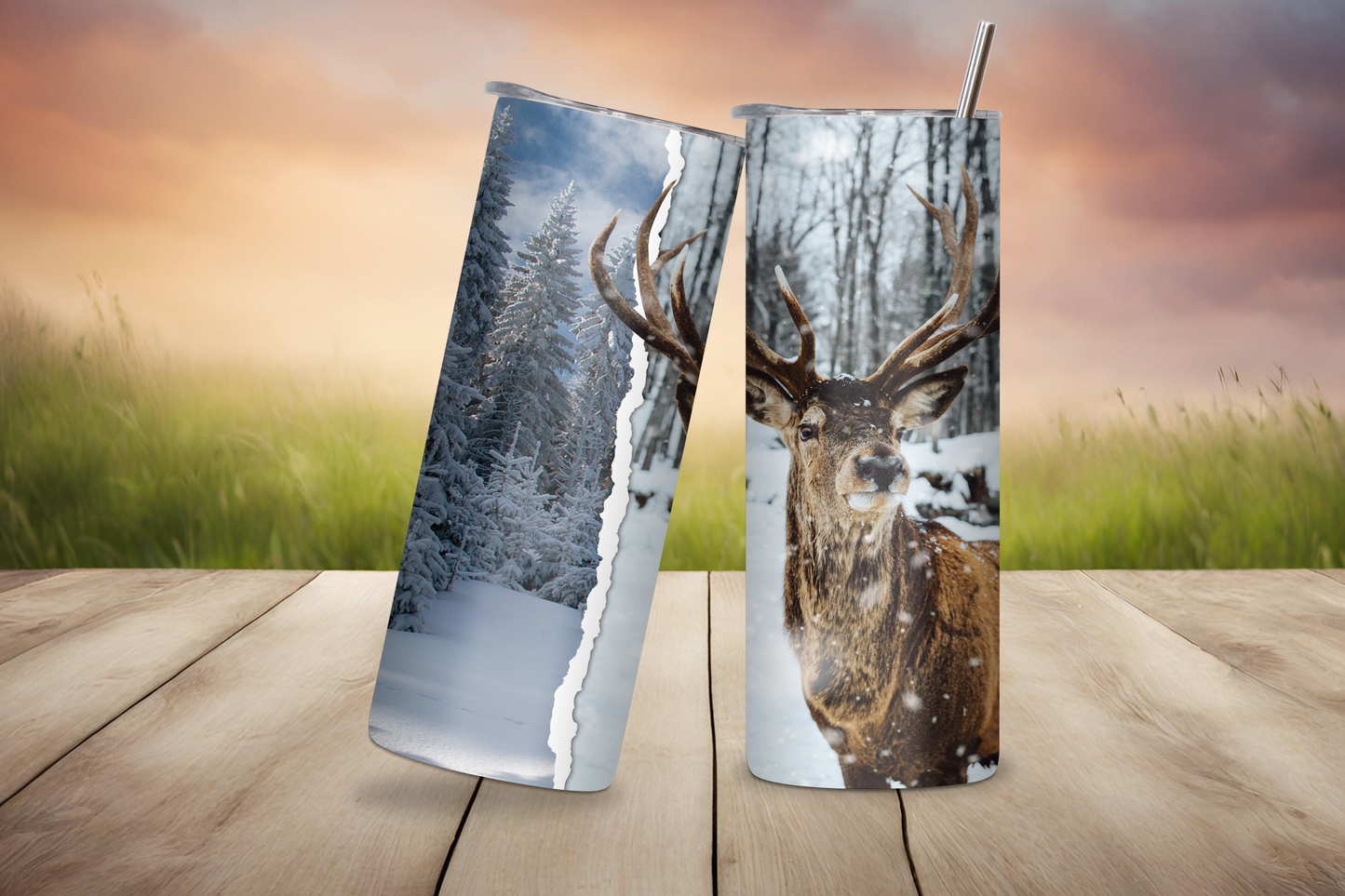 Winter Woodland Buck Deer Tumbler, Deer Hunter Outdoor Camping Travel Mug, Vacuum Insulated Tumbler 20OZ/30OZ, Gift for Him, Dad Father gift