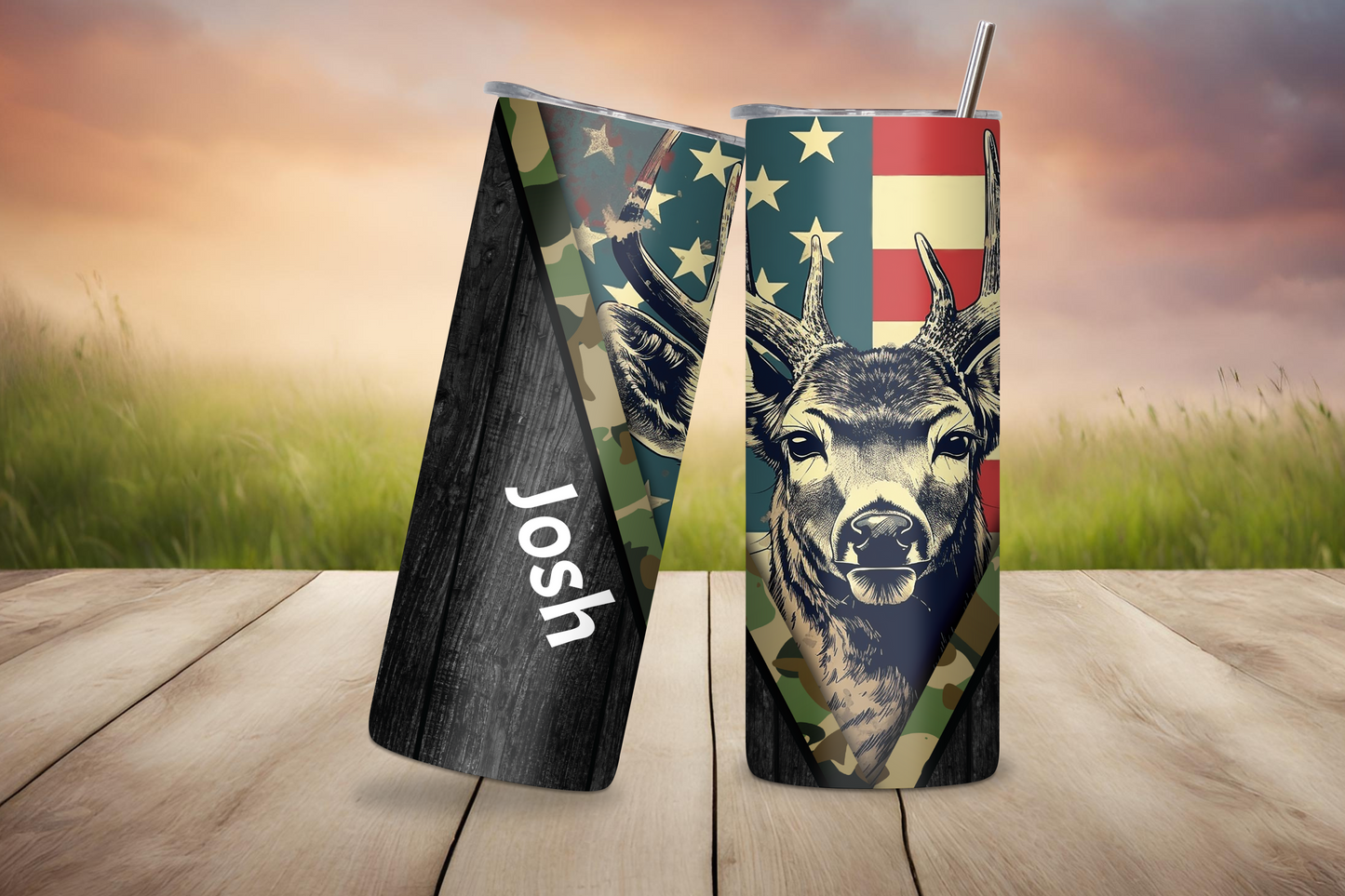 Customizable Deer Tumbler, Personalized Gift for Him, Patriotic Deer Hunter Outdoor Camping USA American Vacuum Insulated Tumbler 20OZ/30OZ