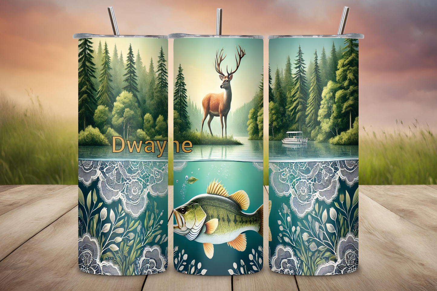 Personalized hunting and fishing tumbler featuring a deer by a forest lake and a fish beneath a floral lace-inspired underwater design with the name 'Dwayne.'