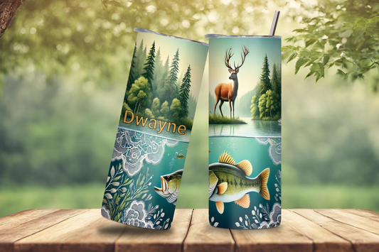 Customizable Deer Fishing Tumbler, Personalized Gift for Him, Outdoor Camping Bass Fishing Deer Hunting, Vacuum Insulated Tumbler 20OZ/30OZ