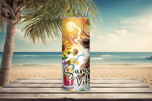 Summer Vibes Highland Cow Tumbler, Beach Time Travel Mug, Sunflower Coffee Cup, Gift for Her, 20OZ Tumbler, 22OZ Tumbler, 30OZ Tumbler