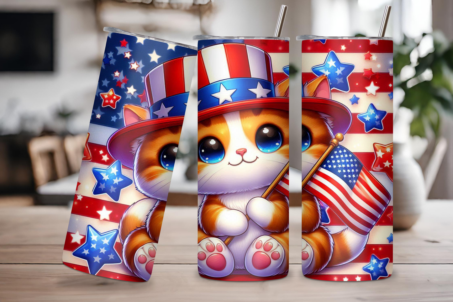 Patriotic Kitten Tumbler, 4th of July Cup, Cute Animal and Flag Travel Mug, 20OZ Tumbler, 22OZ Tumbler, and 30OZ Tumbler