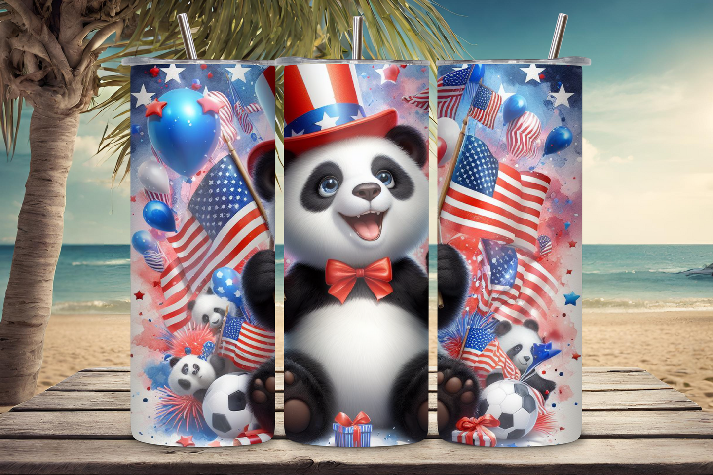 Patriotic Panda Party Tumbler, Flag Fun Travel Mug, Cute Animal Coffee Cup, 20OZ Tumbler, 22OZ Tumbler, 30OZ Tumbler