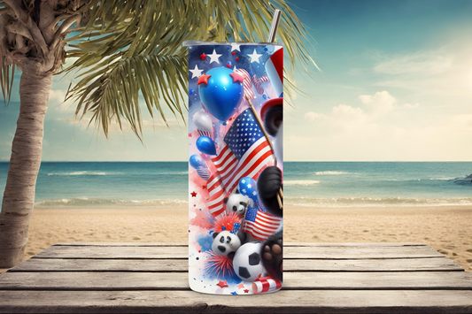 Patriotic Panda Party Tumbler, Flag Fun Travel Mug, Cute Animal Coffee Cup, 20OZ Tumbler, 22OZ Tumbler, 30OZ Tumbler