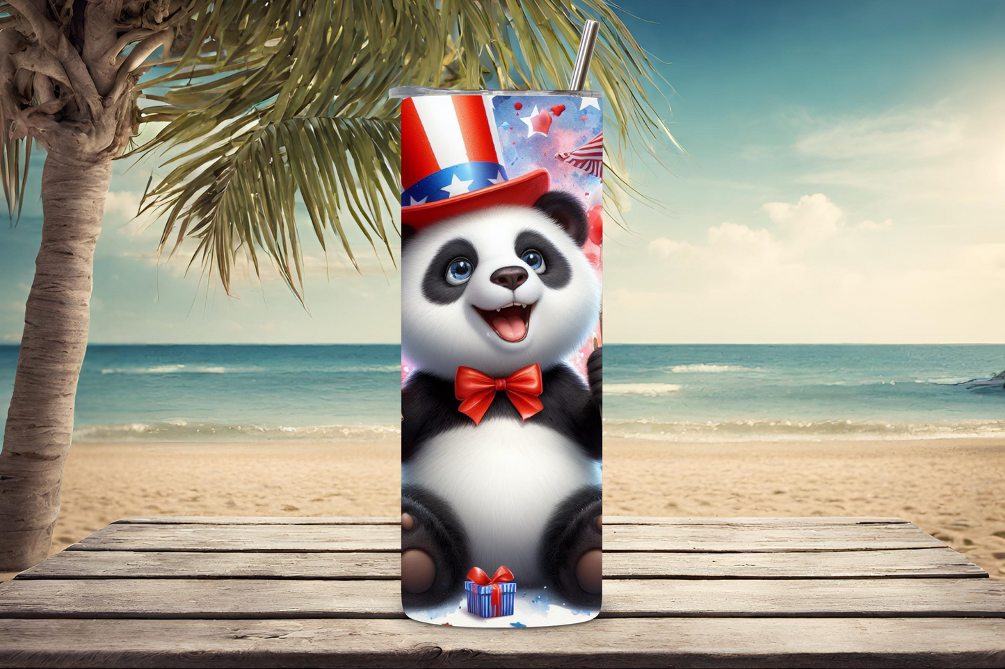 Patriotic Panda Party Tumbler, Flag Fun Travel Mug, Cute Animal Coffee Cup, 20OZ Tumbler, 22OZ Tumbler, 30OZ Tumbler
