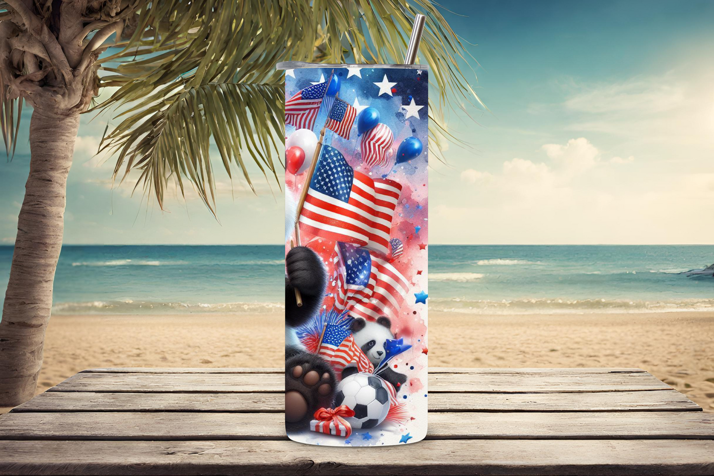 Patriotic Panda Party Tumbler, Flag Fun Travel Mug, Cute Animal Coffee Cup, 20OZ Tumbler, 22OZ Tumbler, 30OZ Tumbler