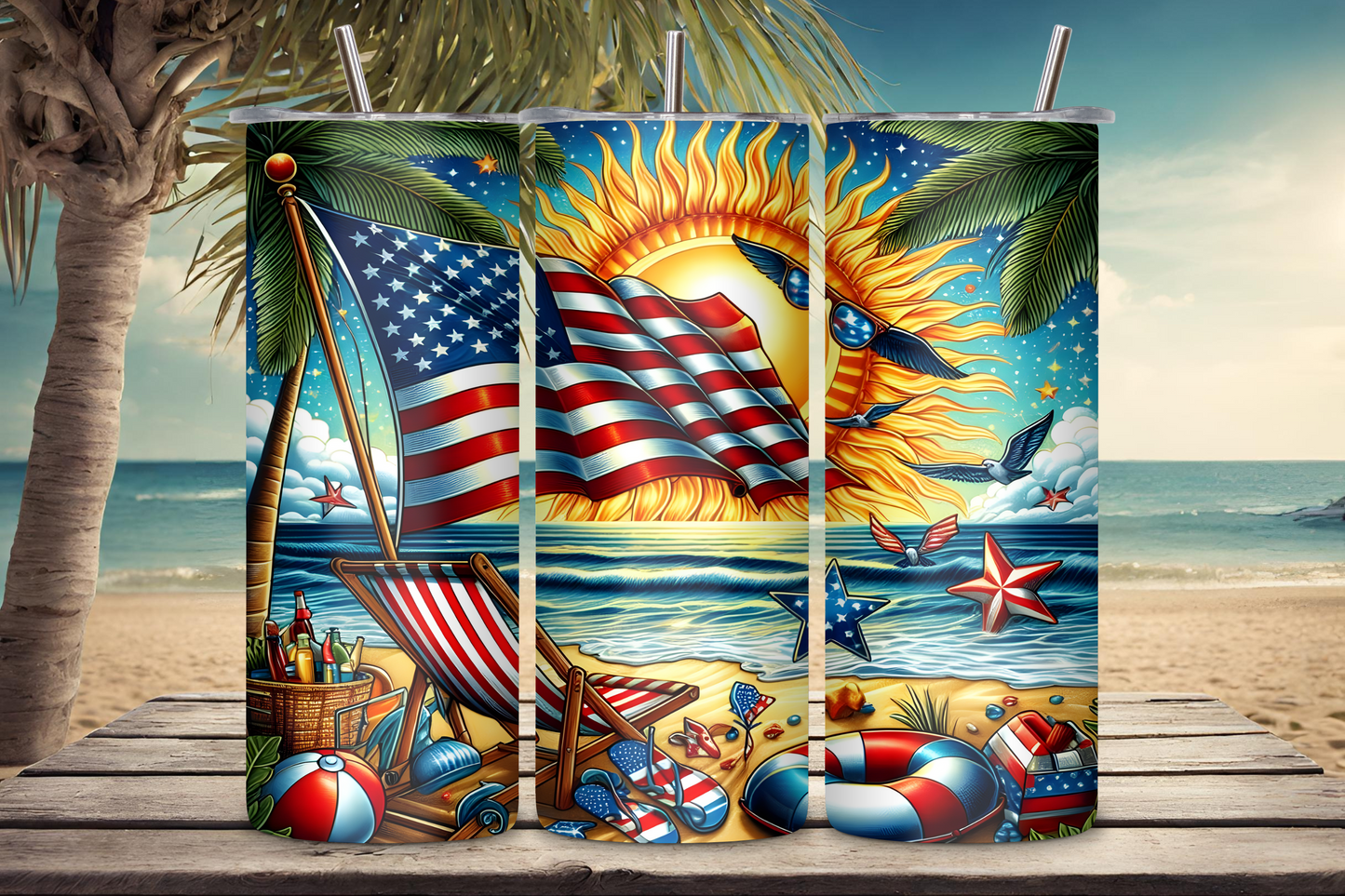 Sunset Beach Patriotic Tumbler, 4th of July Tumbler, Summer Fun Cup, Travel Mug, 20OZ Tumbler, 22OZ Tumbler, 30OZ Tumbler