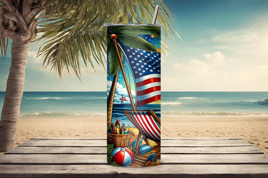 Sunset Beach Patriotic Tumbler, 4th of July Tumbler, Summer Fun Cup, Travel Mug, 20OZ Tumbler, 22OZ Tumbler, 30OZ Tumbler
