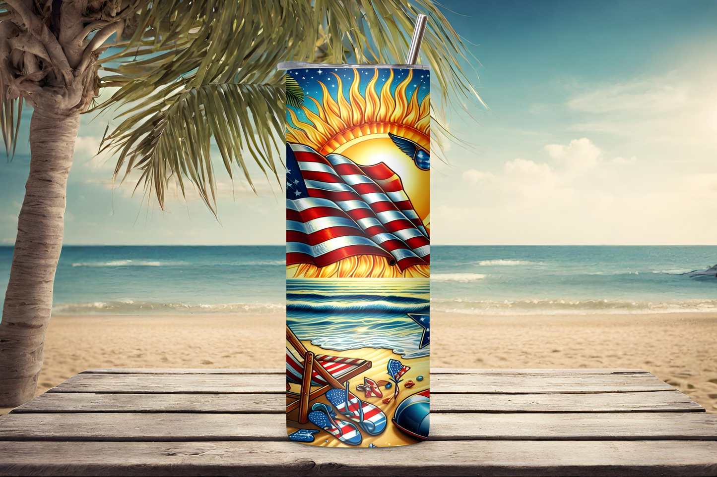 Sunset Beach Patriotic Tumbler, 4th of July Tumbler, Summer Fun Cup, Travel Mug, 20OZ Tumbler, 22OZ Tumbler, 30OZ Tumbler