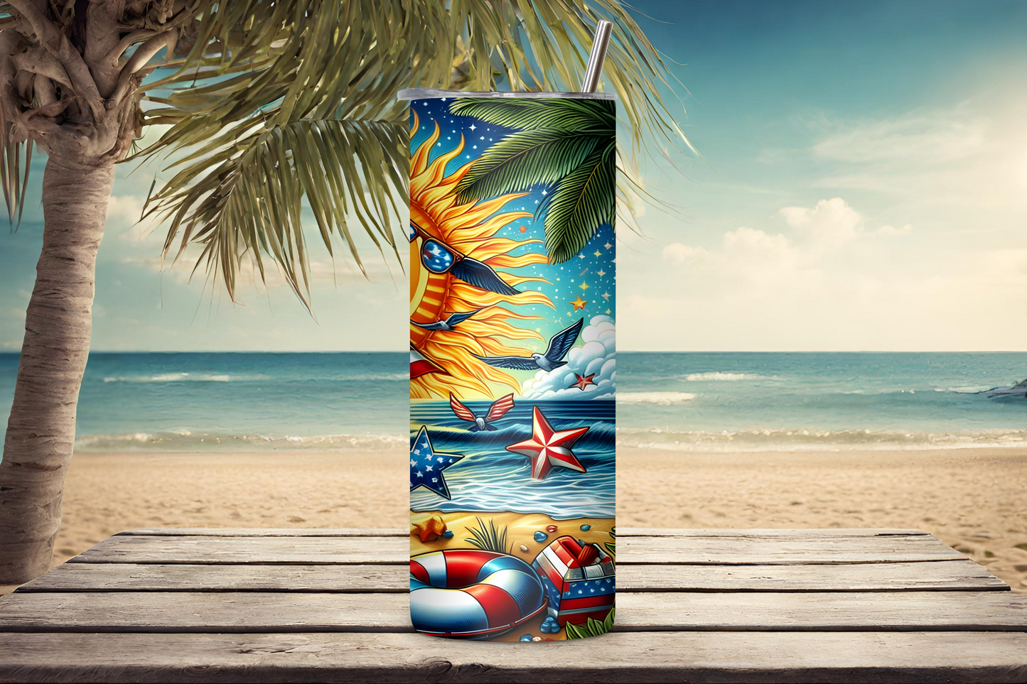 Sunset Beach Patriotic Tumbler, 4th of July Tumbler, Summer Fun Cup, Travel Mug, 20OZ Tumbler, 22OZ Tumbler, 30OZ Tumbler