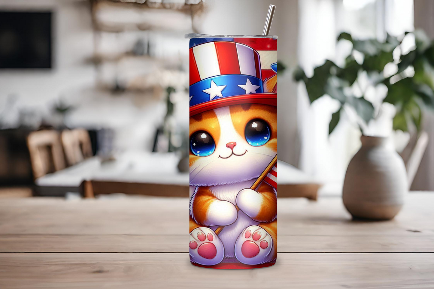 Patriotic Kitten Tumbler, 4th of July Cup, Cute Animal and Flag Travel Mug, 20OZ Tumbler, 22OZ Tumbler, and 30OZ Tumbler