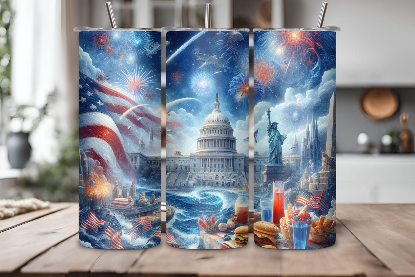 American Landmark Fireworks Celebration Tumbler, Patriotic US Capital Travel Mug, 4th of July Coffee Cup, 20OZ Tumbler, 22OZ Tumbler, 30OZ Tumbler