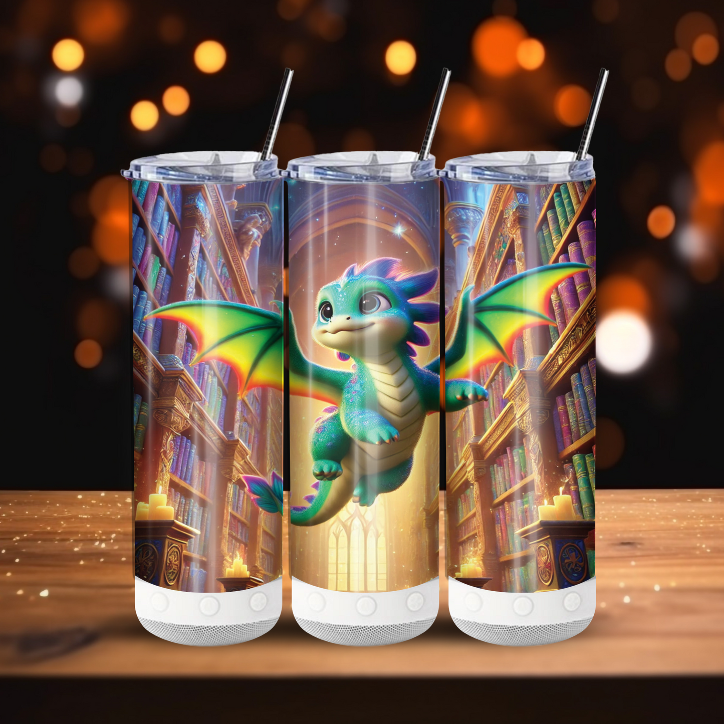 Enchanted Library Dragon Tumbler, Cute Baby Dragon Insulated Tumbler, Fantasy Gift Travel Mug, Adorable Dragon Coffee Cup 20OZ 30OZ