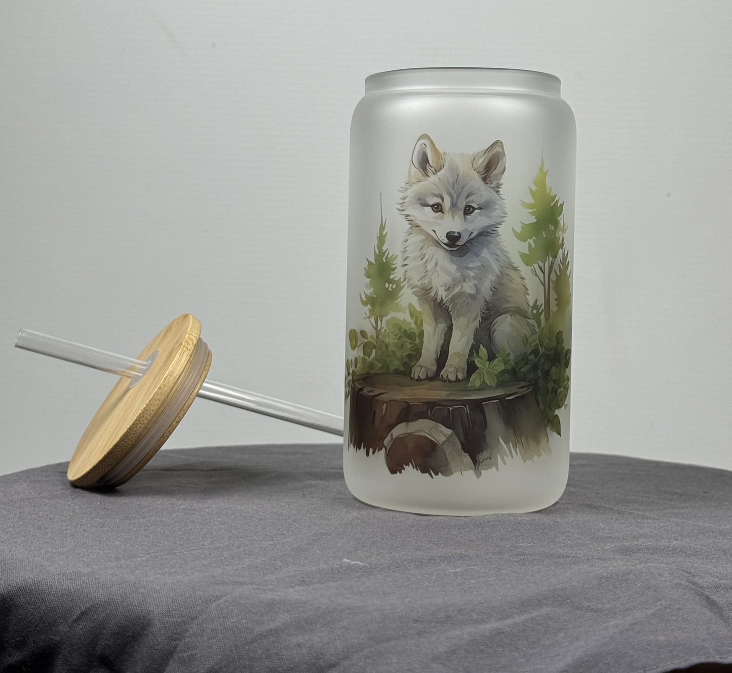Woodland Wolf Glass Can (16OZ), Cute Baby Wolf Cup, Beer Can Glass, Gift for Her