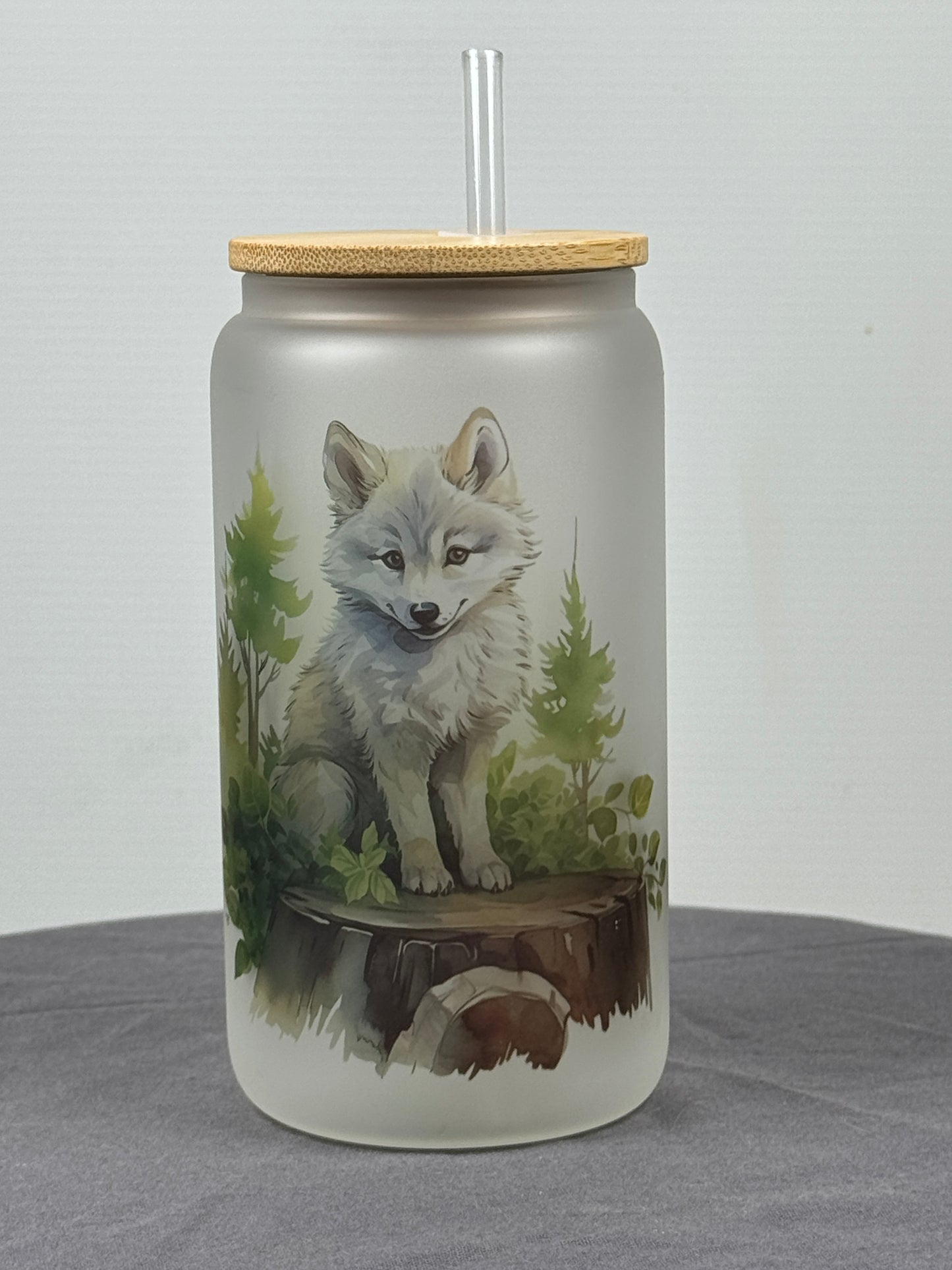 Woodland Wolf Glass Can (16OZ), Cute Baby Wolf Cup, Beer Can Glass, Gift for Her