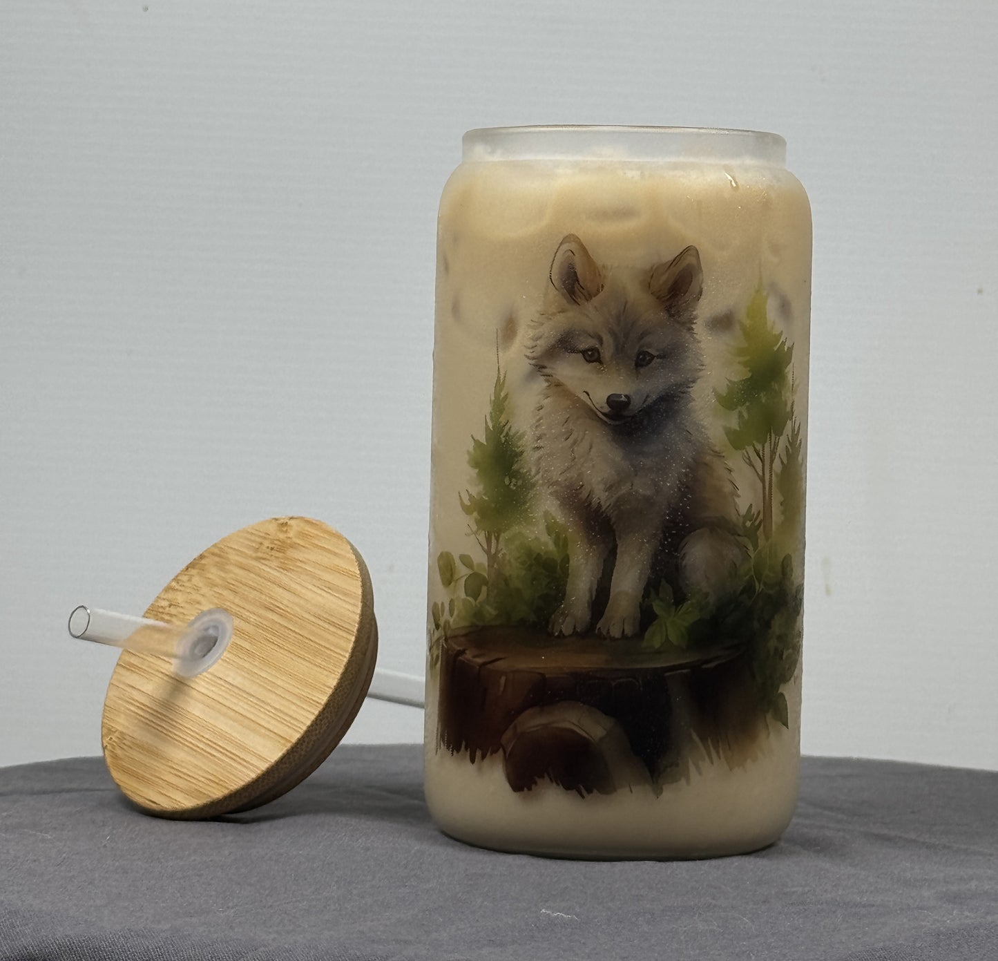 Woodland Wolf Glass Can (16OZ), Cute Baby Wolf Cup, Beer Can Glass, Gift for Her
