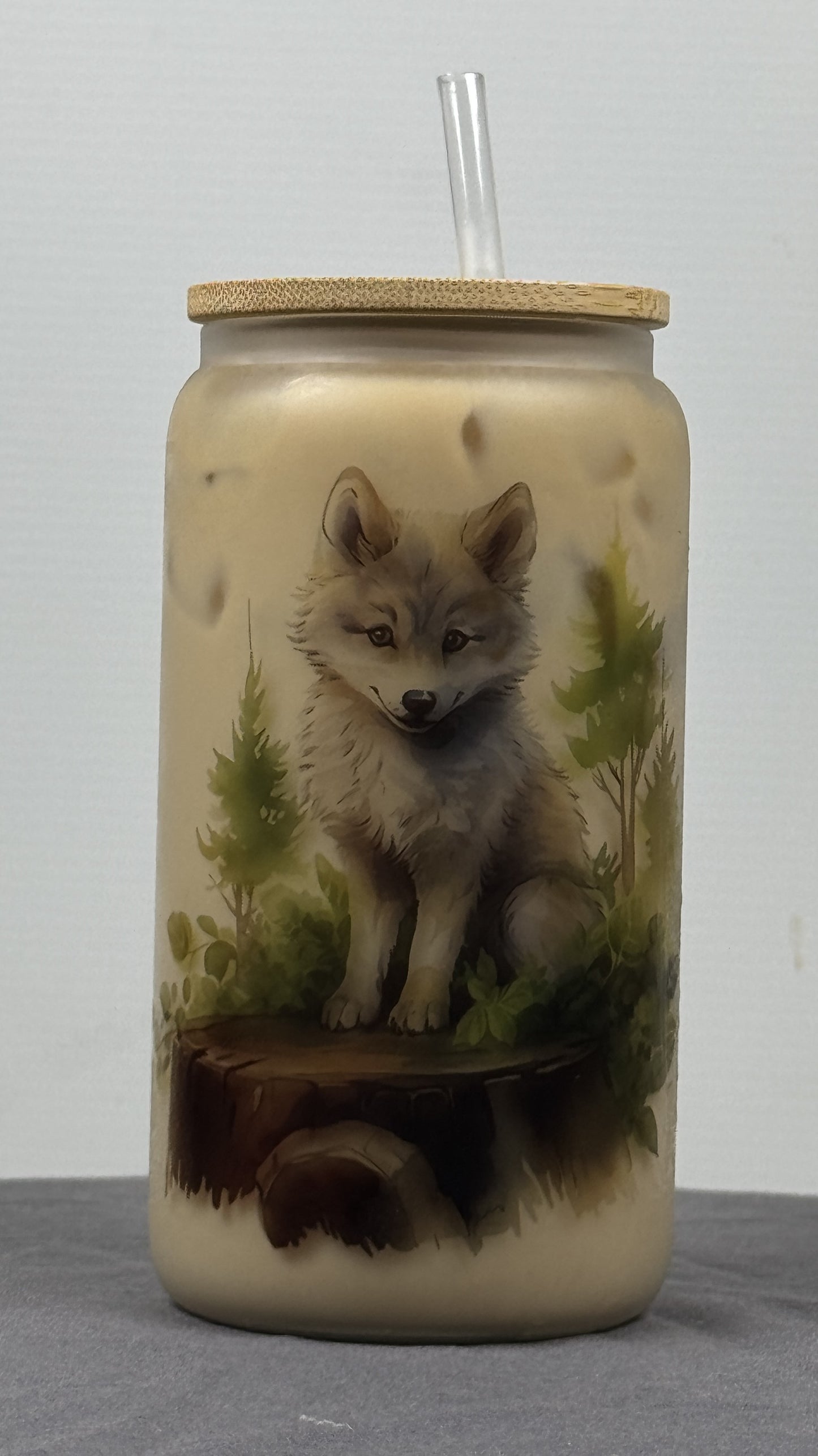 Woodland Wolf Glass Can (16OZ), Cute Baby Wolf Cup, Beer Can Glass, Gift for Her