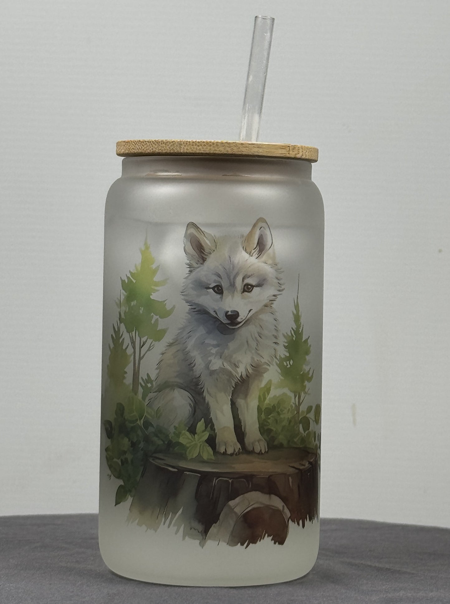 Woodland Wolf Glass Can (16OZ), Cute Baby Wolf Cup, Beer Can Glass, Gift for Her