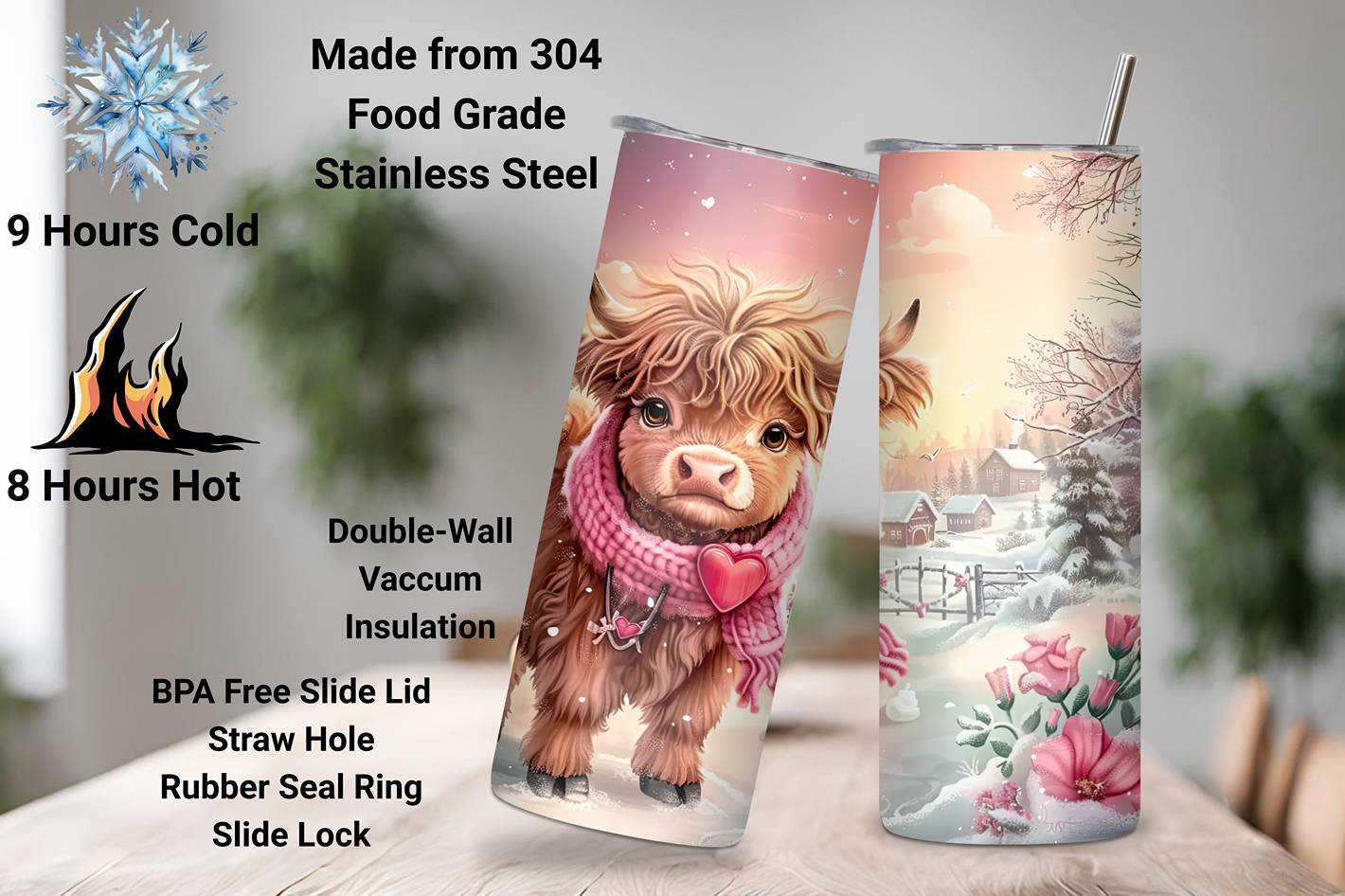 Winter Wonderland Highland Cow Tumbler, Pink Cow Travel Mug, Cute Country Setting Coffee Cup, 20OZ Tumbler, 30OZ Tumbler