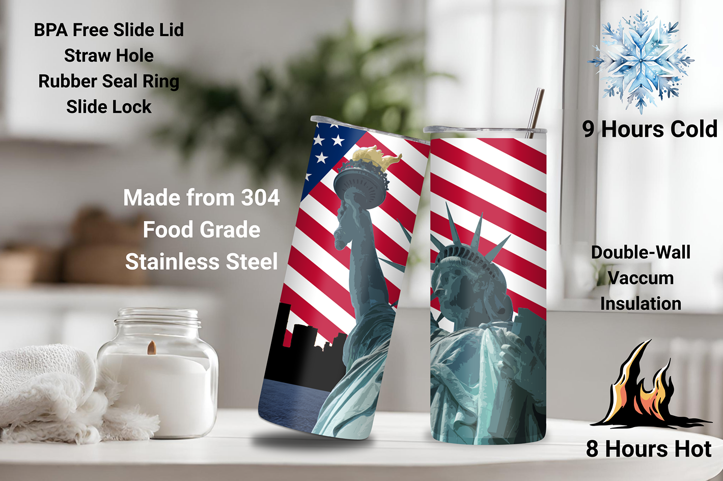 Statue of Liberty Tumbler, 4th of July Tumbler, Flag and Freedom Coffee Cup, Travel Mug, 20OZ Tumbler, 22OZ Tumbler. 30OZ Tumbler