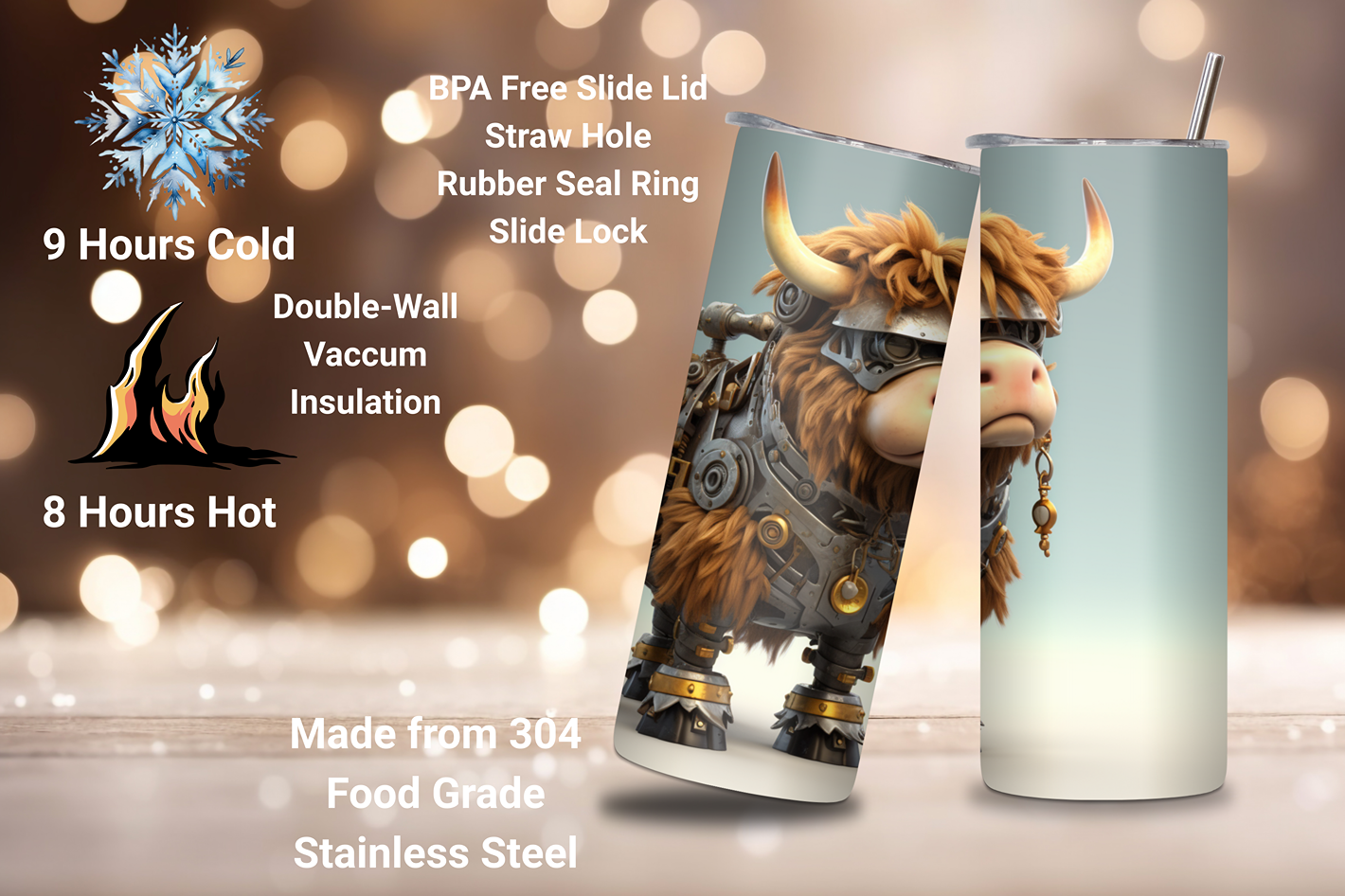 Futuristic Highland Cow Tumbler, Robot Cow Travel Cup, Gift for Him, 20OZ Tumbler, 22OZ Tumbler, 30OZ Tumbler