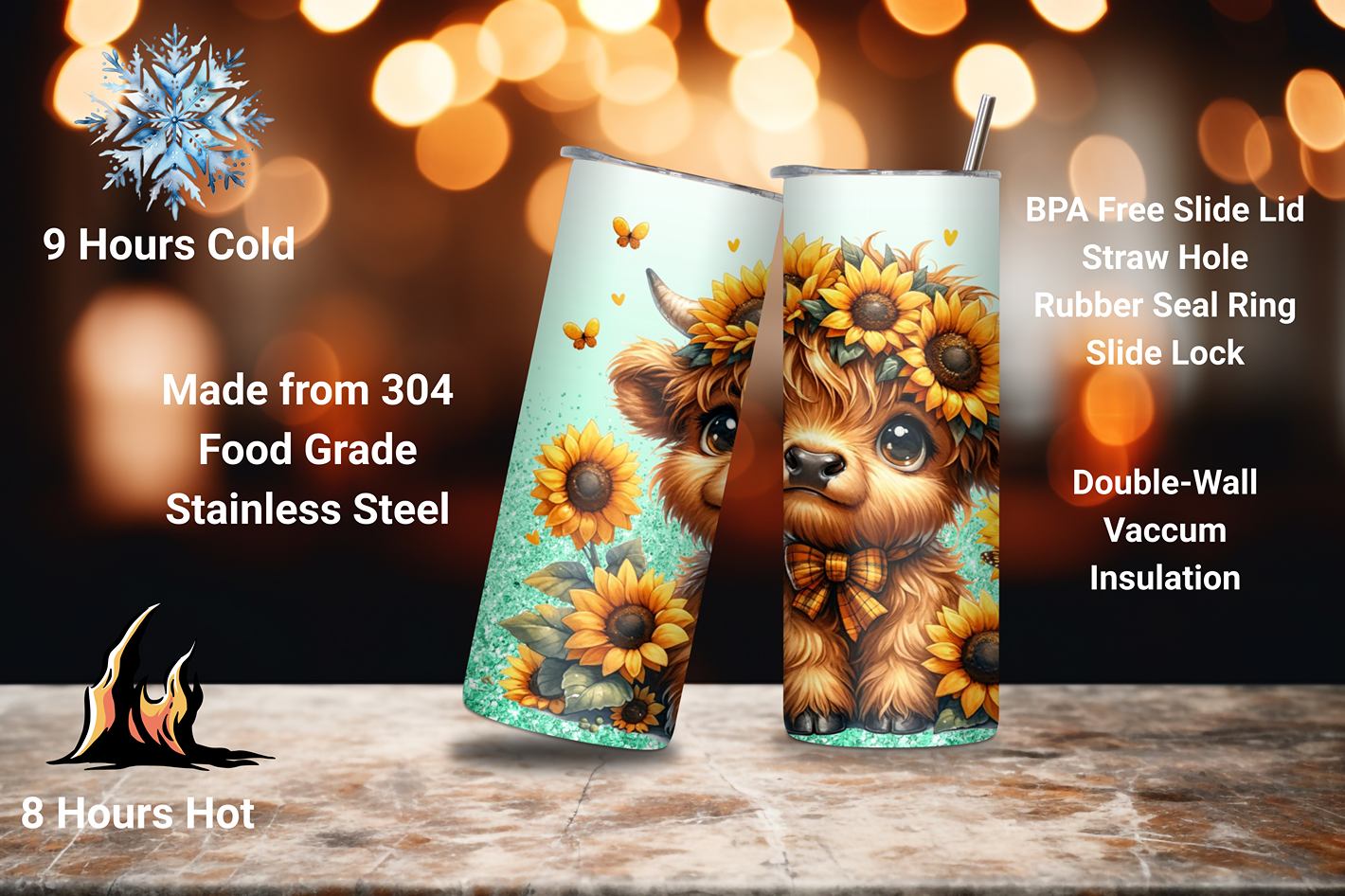 Sunflower Highland Cow Tumbler, Cute Cow Coffee Cup, Flower Lover Travel Mug, 20OZ Tumbler, 22OZ Tumbler, 30OZ