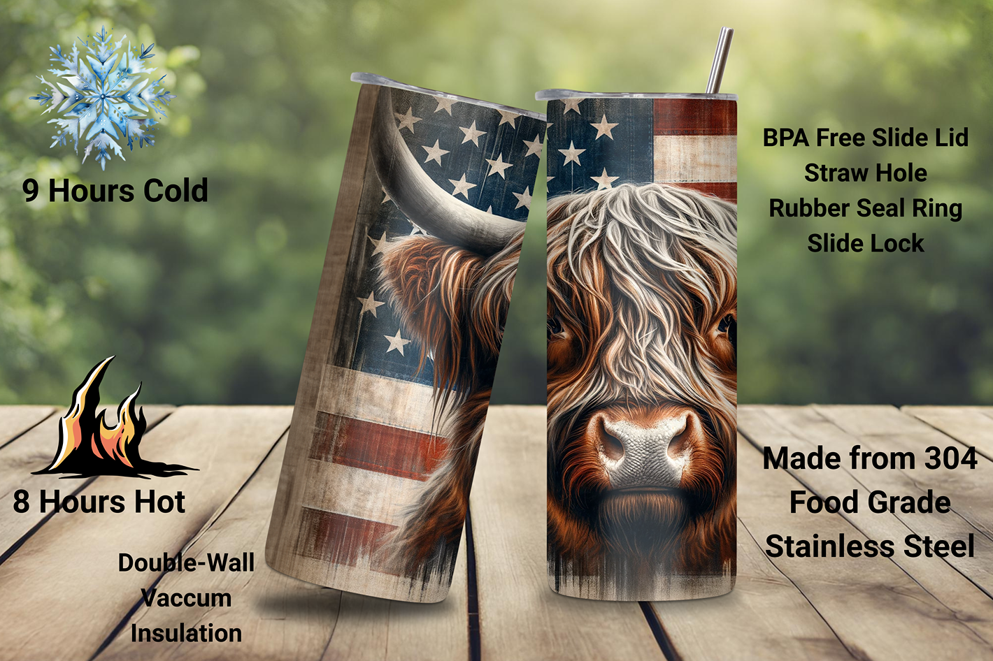 American Pride Highland Cow Tumbler, Patriotic Coffee Mug, Flag Travel Cup, Gift for Him, 20OZ Tumbler, 22OZ Tumbler, 30OZ Tumbler