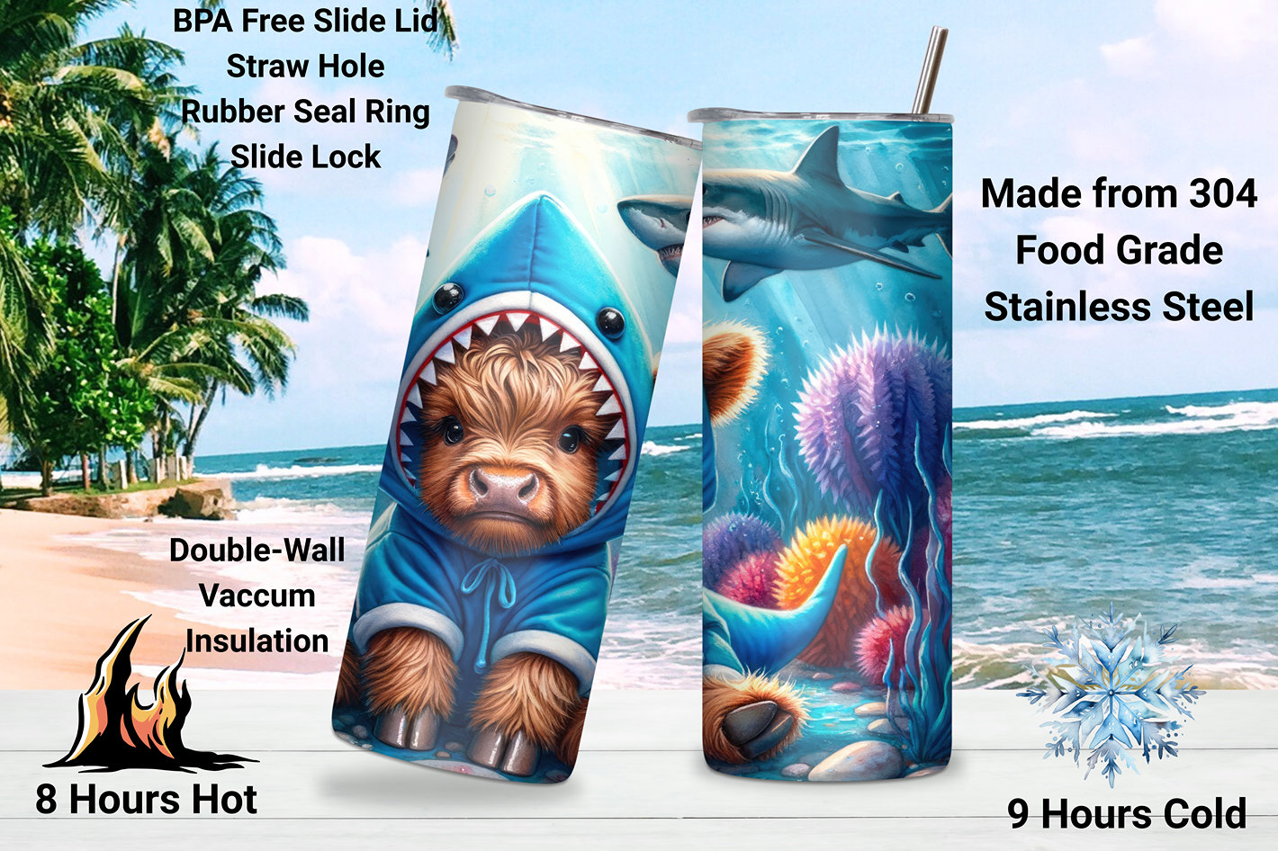 Shark Adventures Highland Cow Tumbler, Ocean lover Travel Mug, Cute Cow Coffee Cup, 20OZ Tumbler, 22OZ Tumbler, 30OZ Tumbler