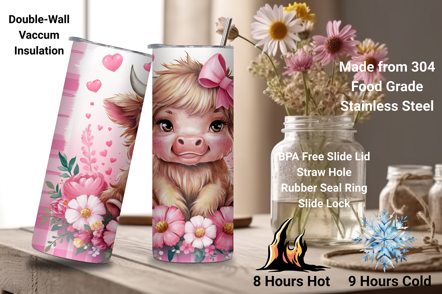 Sweetheart Highland Cow Tumbler, Pink Bow Cow Travel Mug, Pink Flowers Coffee Cup, 20OZ Tumbler, 30OZ Tumbler