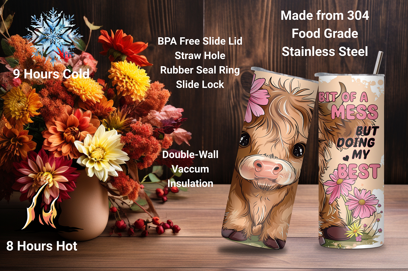 Doing My Best Highland Cow Tumbler, Funny Cow Travel Mug, Flowers and Cow Travel Mug, Gift for Her, 20OZ Tumbler